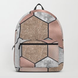 Marble hexagons and rose gold on black Backpack
