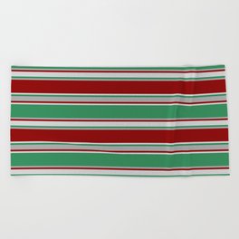 [ Thumbnail: Sea Green, Dark Grey, Dark Red, and Light Grey Colored Lined/Striped Pattern Beach Towel ]