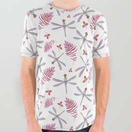 Watercolor gray dragonfly burgundy pink tropical foliage  All Over Graphic Tee