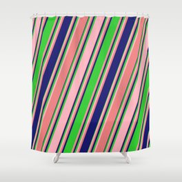 [ Thumbnail: Lime Green, Light Pink, Light Coral & Midnight Blue Colored Lines/Stripes Pattern Shower Curtain ]