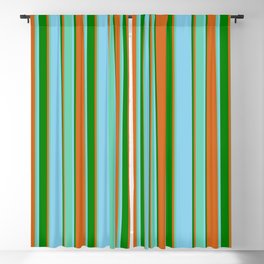 [ Thumbnail: Chocolate, Aquamarine, Sky Blue & Green Colored Stripes Pattern Blackout Curtain ]