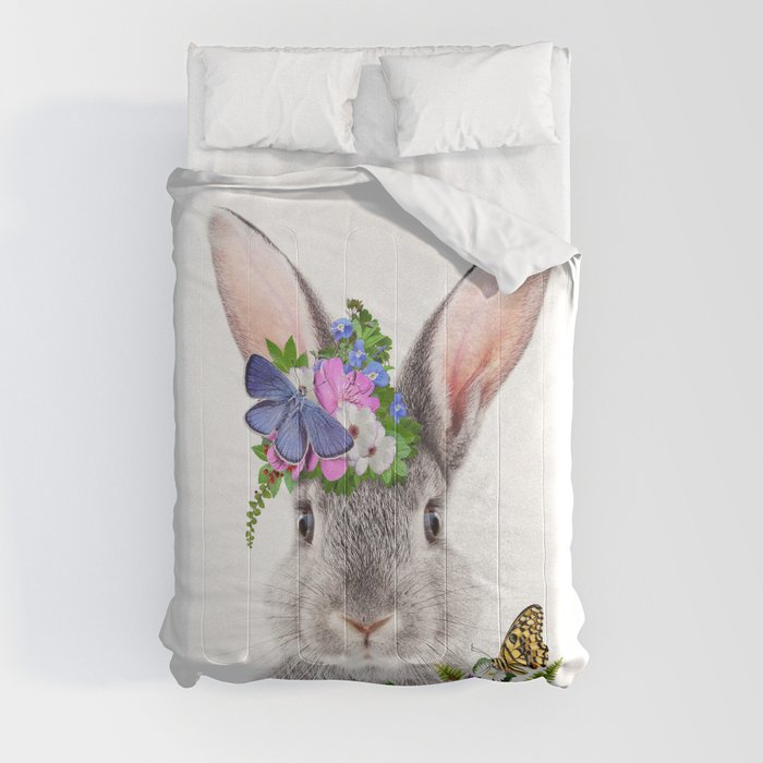 Baby Rabbit, Bunny with Flower Crown, Baby Animals Art Print by Synplus Comforter