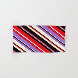 [ Thumbnail: Red, Purple, Beige & Black Colored Pattern of Stripes Hand & Bath Towel ]