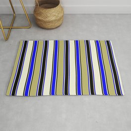 [ Thumbnail: Dark Khaki, Blue, Beige, and Black Colored Stripes/Lines Pattern Rug ]