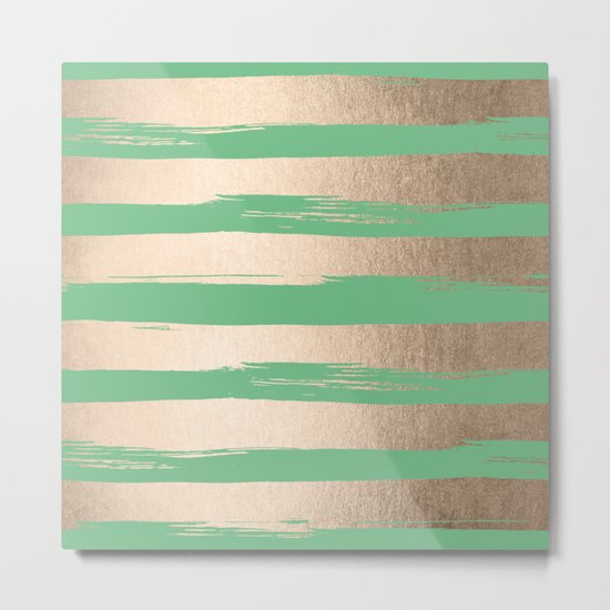 Painted Stripes Gold Tropical Green Metal Print