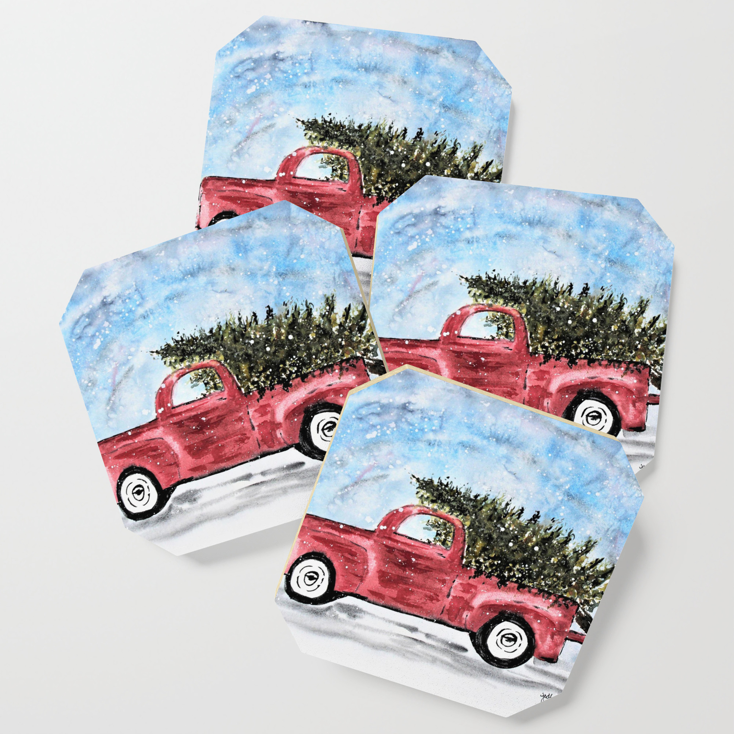 Vintage Red Christmas Truck With Tree Watercolor Coaster By