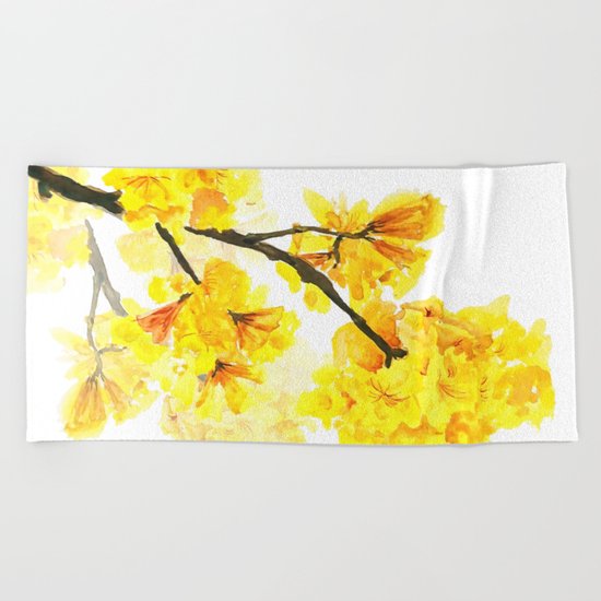 yellow trumpet trees watercolor yellow roble flowers yellow Tabebuia Beach Towel