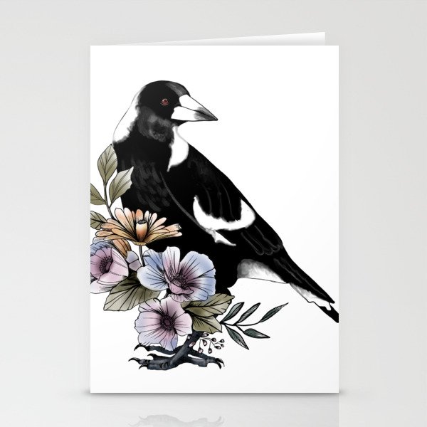 Magpie bird black and white and flowers Stationery Cards
