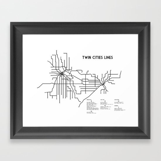 Twin Cities Lines Map Framed Art Print