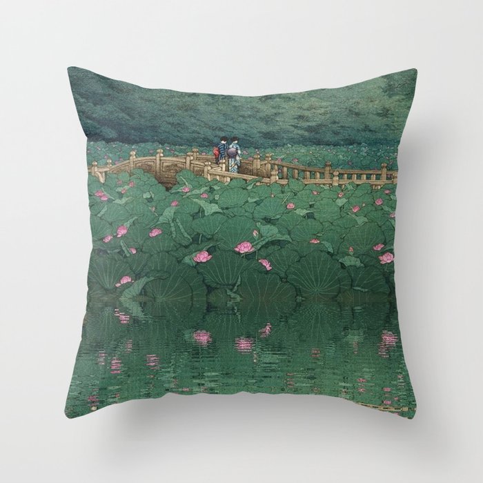 The lily pond at Benten Shrine in Shiba, Japan floral Japanese landscape painting by Kawase Hasui Throw Pillow