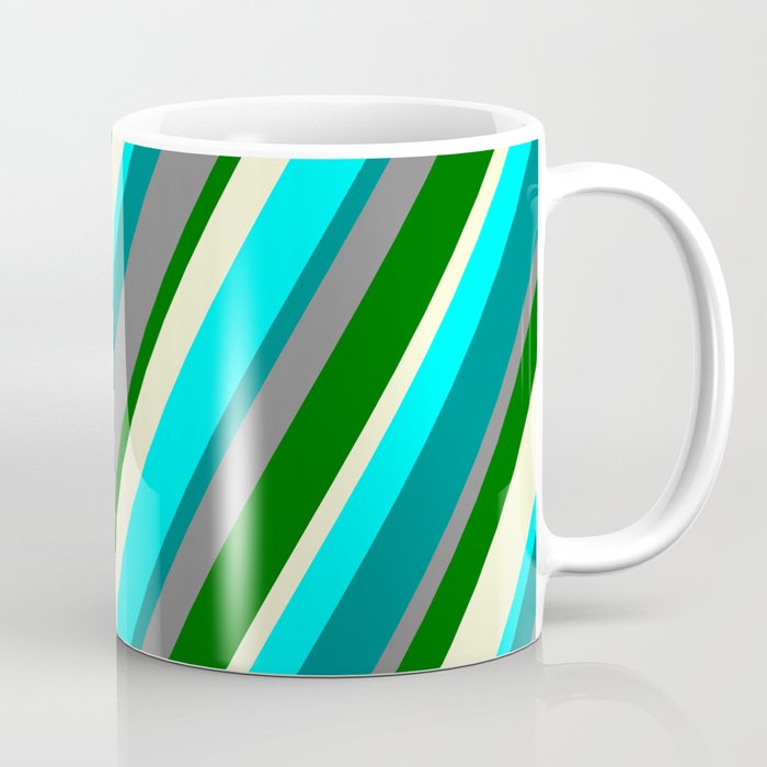 Vibrant Gray, Dark Green, Light Yellow, Aqua, and Teal Colored Lines Pattern Coffee Mug