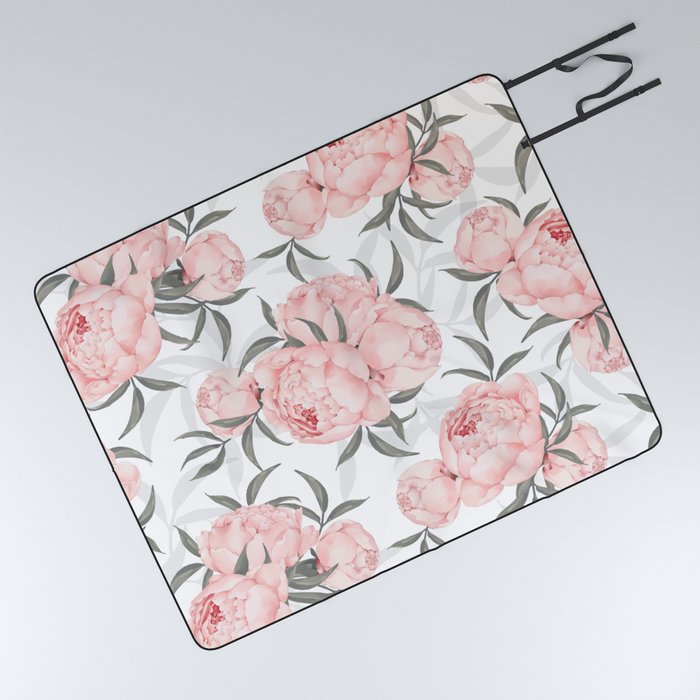 Chic Pink Peonies Botany Print Picnic Blanket