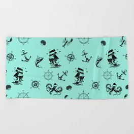 Mint Blue And Black Silhouettes Of Vintage Nautical Pattern Beach Towel