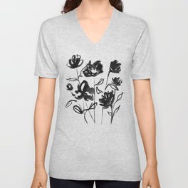Black and White Flowers V Neck T Shirt