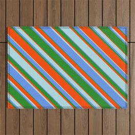 [ Thumbnail: Cornflower Blue, Forest Green, Red, and Powder Blue Colored Lines Pattern Outdoor Rug ]