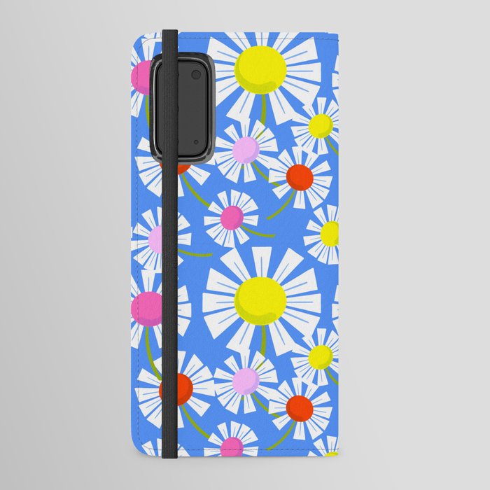 Retro Modern Mini Daisy Flowers On Blue Android Wallet Case