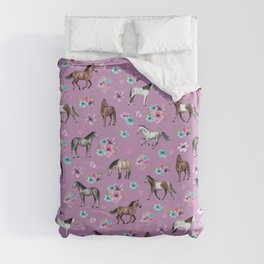 Purple Horse and Flower Print, Hand Drawn, Horse Illustration, Little Girls Decor Duvet Cover