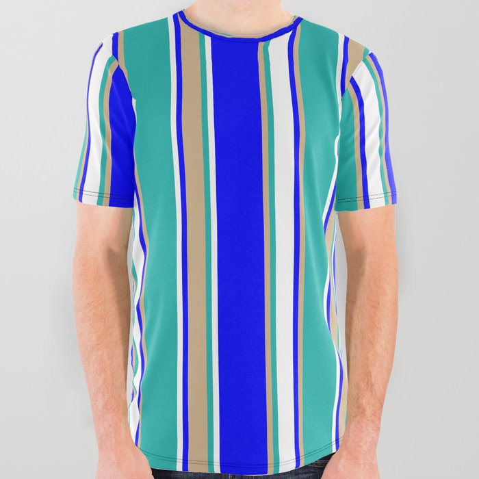 Blue, Tan, Light Sea Green, and White Colored Striped Pattern All Over Graphic Tee
