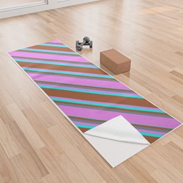 [ Thumbnail: Slate Gray, Violet, Aqua & Sienna Colored Striped/Lined Pattern Yoga Towel ]