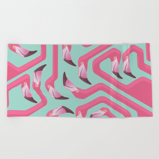 Flamingo Maze on beach glass background. Beach Towel