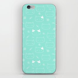 Seafoam and White Doodle Kitten Faces Pattern iPhone Skin