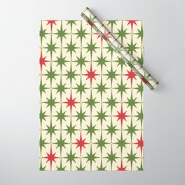 Christmas Starbursts - Atomic Age Xmas Holiday Pattern in Red and Retro Green on Cream Wrapping Paper