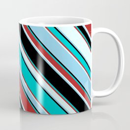 [ Thumbnail: Colorful Black, Dark Turquoise, Red, Light Cyan, and Sky Blue Colored Pattern of Stripes Coffee Mug ]