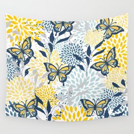Floral and Butterflies Print, Blue and Yellow Wall Tapestry