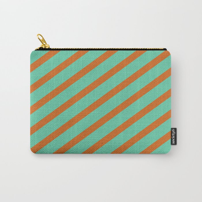 Aquamarine & Chocolate Colored Stripes/Lines Pattern Carry-All Pouch