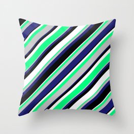 [ Thumbnail: Green, Grey, Midnight Blue, Black & White Colored Stripes Pattern Throw Pillow ]