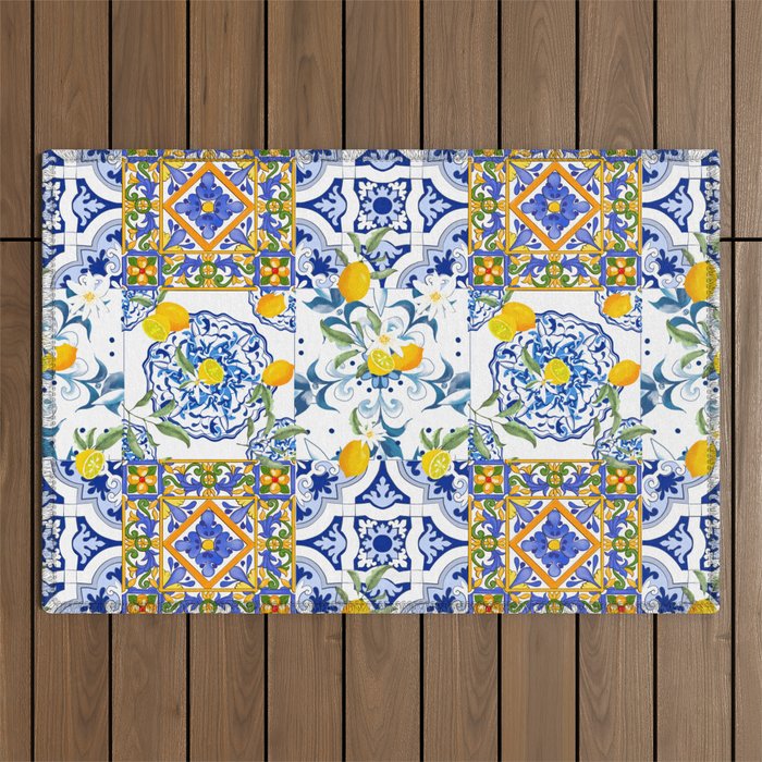 Summer, citrus ,Mediterranean style ,flowers,lemon fruit pattern  Outdoor Rug