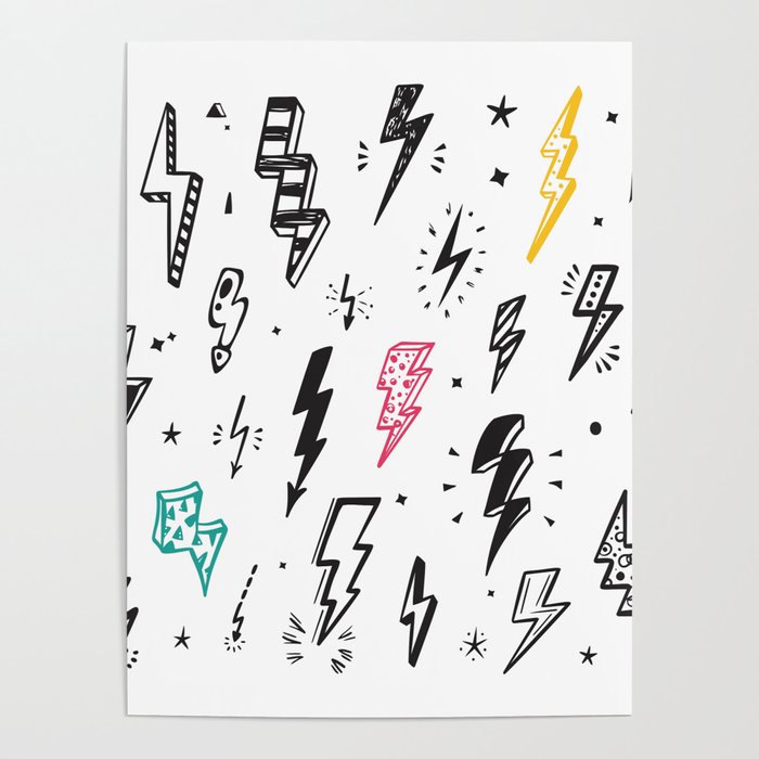 Lightning Bolts vintage Set. Hand Drawn Doodle Lightning Bolt Signs, Thunderbolts, Energy Thunder bolt, Warning Symbol illustration Poster