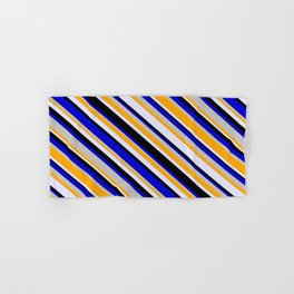 [ Thumbnail: Eye-catching Blue, Grey, Orange, Lavender, and Black Colored Stripes/Lines Pattern Hand & Bath Towel ]