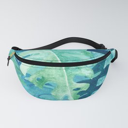 Monstera Leaves | Watercolor Collage in Blue Green Fanny Pack