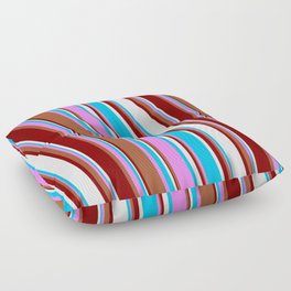 [ Thumbnail: Vibrant Violet, Sienna, Maroon, White, and Deep Sky Blue Colored Stripes Pattern Floor Pillow ]