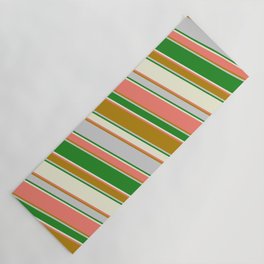 [ Thumbnail: Salmon, Dark Goldenrod, Light Grey, Forest Green, and Beige Colored Striped/Lined Pattern Yoga Mat ]