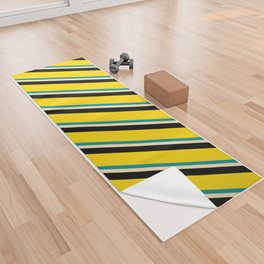[ Thumbnail: Dark Cyan, Beige, Black & Yellow Colored Stripes/Lines Pattern Yoga Towel ]