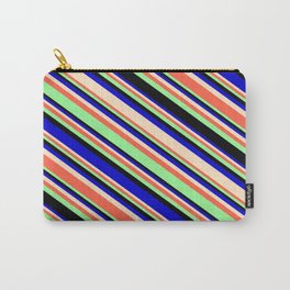 [ Thumbnail: Eye-catching Blue, Bisque, Red, Green, and Black Colored Lines/Stripes Pattern Carry-All Pouch ]