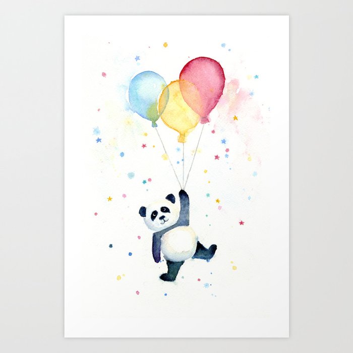 Birthday Panda Balloons Cute Animal Watercolor Art Print