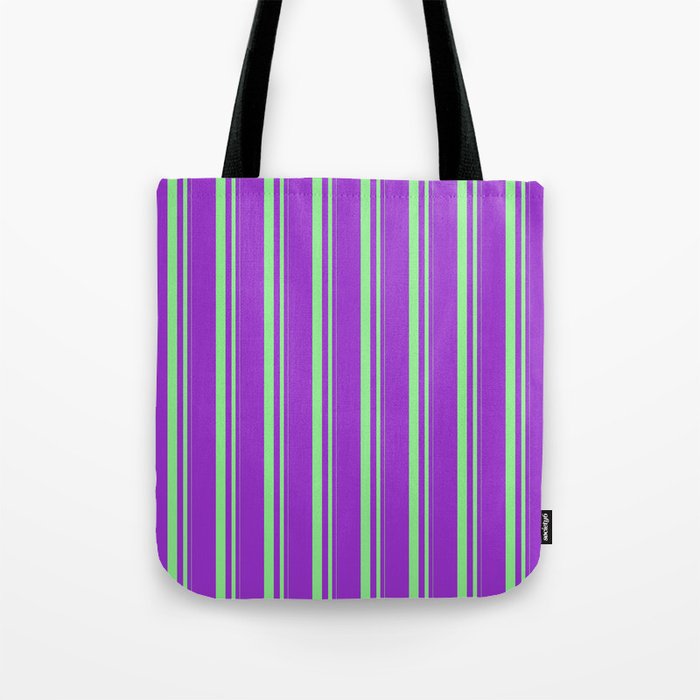 Light Green & Dark Orchid Colored Stripes/Lines Pattern Tote Bag