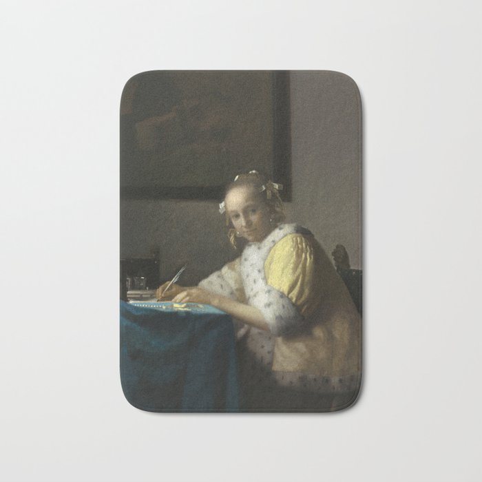 A Lady Writing Oil Painting by Johannes Vermeer Bath Mat