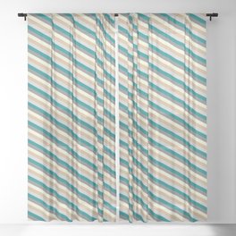 [ Thumbnail: Colorful Teal, Grey, Beige, Tan & Light Gray Colored Lined Pattern Sheer Curtain ]