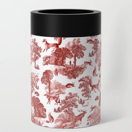 Red toile foxes, bunnies, deer in woodland Can Cooler