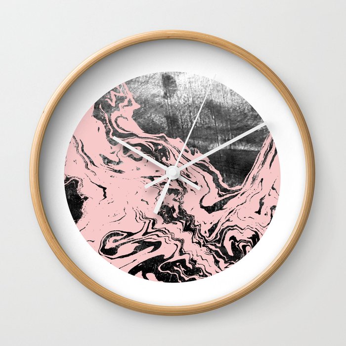 Kennett - abstract marble pink pastel painting boho urban city bklyn black and white modern minimal Wall Clock