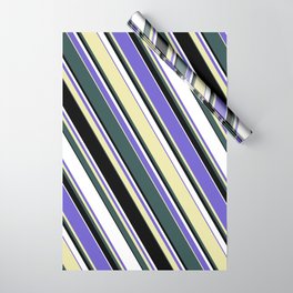 [ Thumbnail: Slate Blue, Pale Goldenrod, Dark Slate Gray, Black & White Colored Lined Pattern Wrapping Paper ]