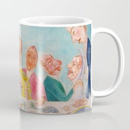 Banquet of the Starved, comical repast the last supper with skeleton portraits grotesque art portrait painting by James Ensor Mug