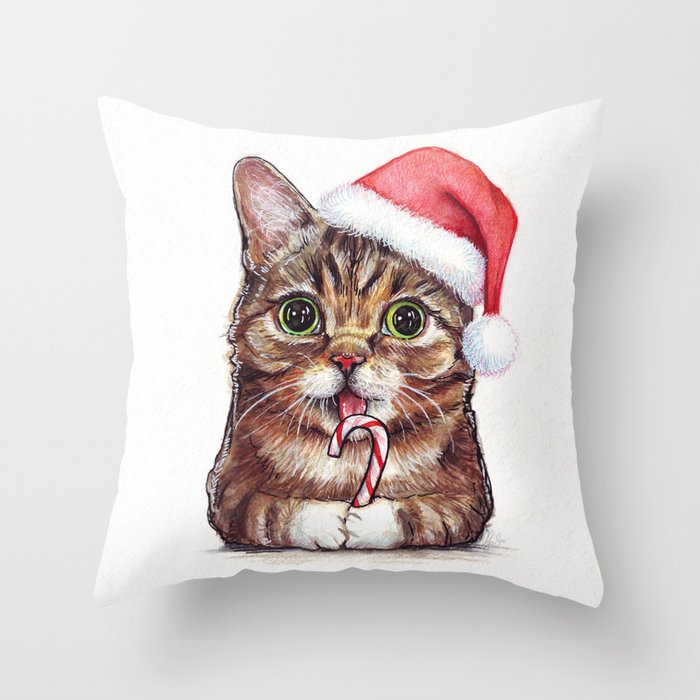 Christmas Cat in Santa Hat Whimsical Holiday Animals Throw Pillow