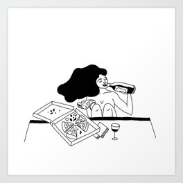 girl drinking wine eating pizza Art Print
