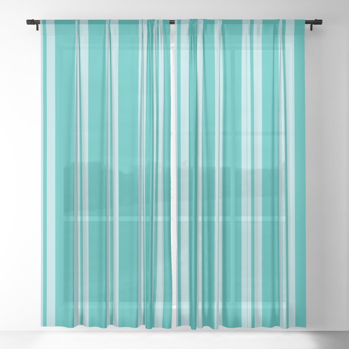 Powder Blue and Light Sea Green Colored Lined/Striped Pattern Sheer Curtain
