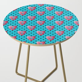 Pink plaid watercolor heart shaped donuts with polka dots on blue background Side Table